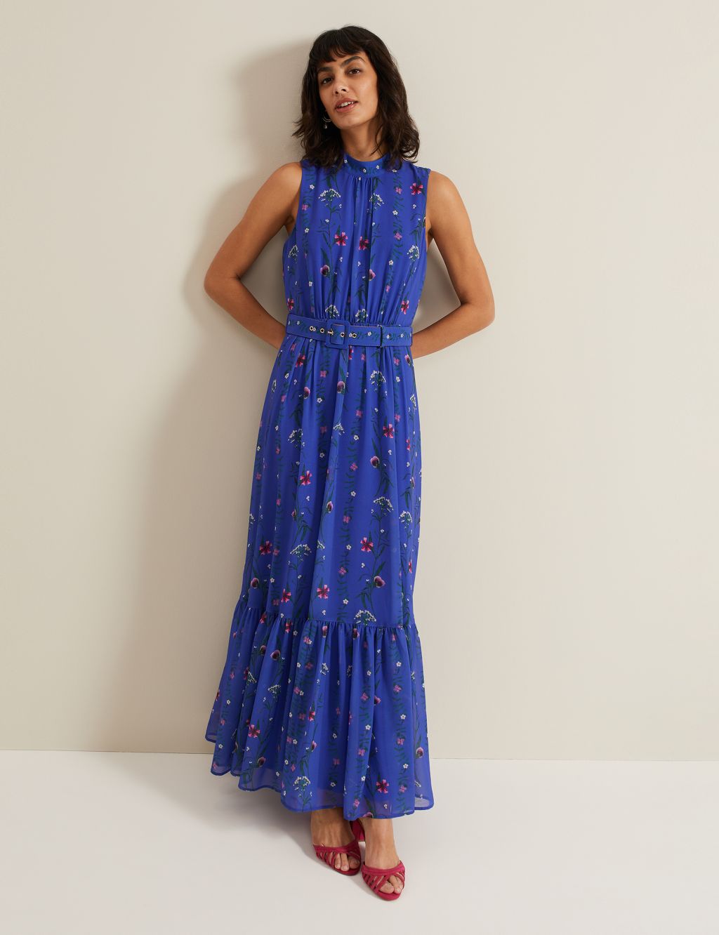 Floral Belted Maxi Tiered Dress