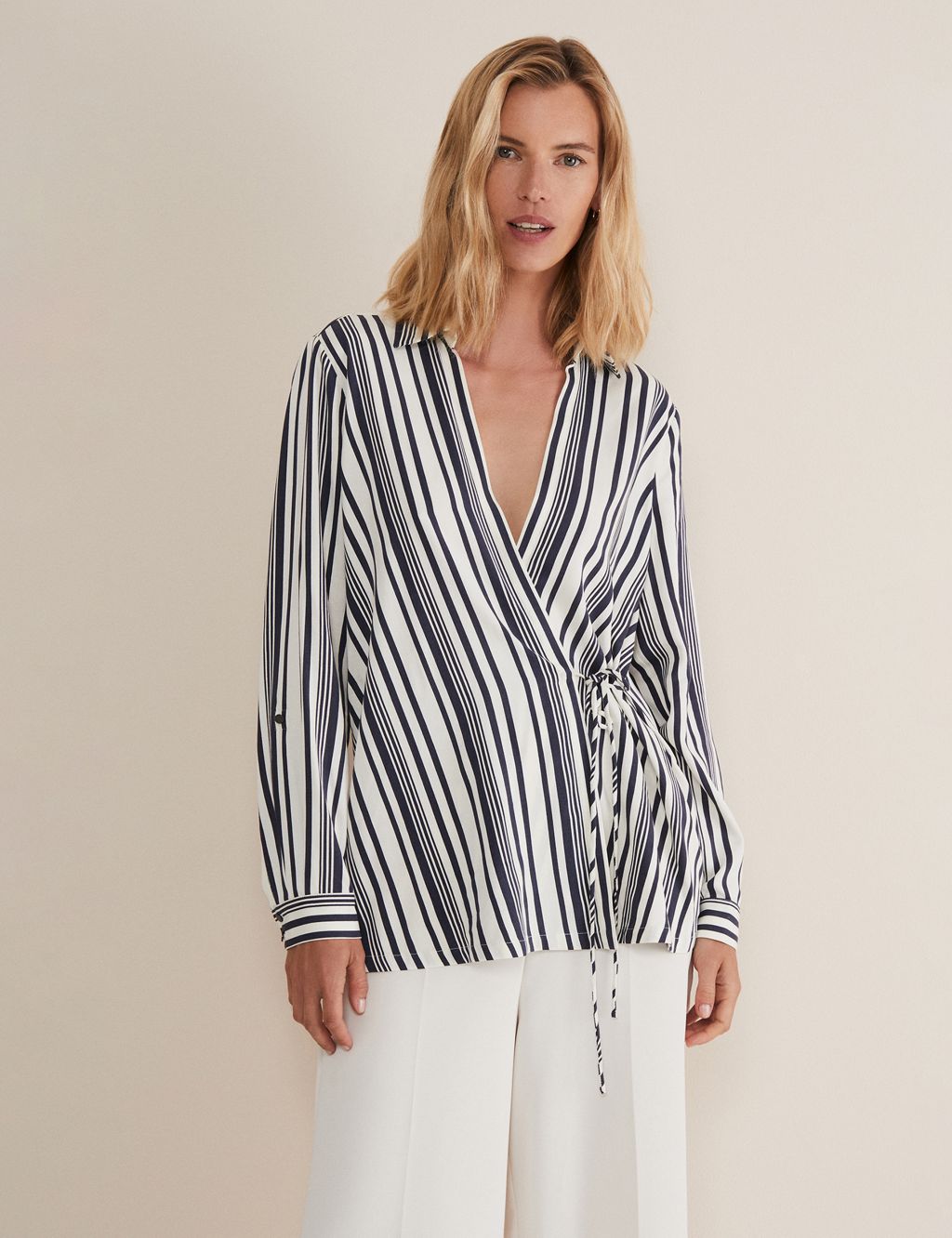Striped Collared V-Neck Tie Front Blouse image 1