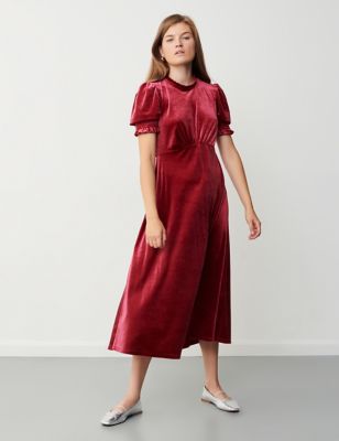 Finery London Women's Velvet High Neck Midi Waisted Dress - 8 - Burgundy, Burgundy