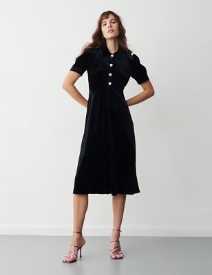 Finery London Womens Velvet Button Detail Midi Waisted Dress - 16 - Black, Black