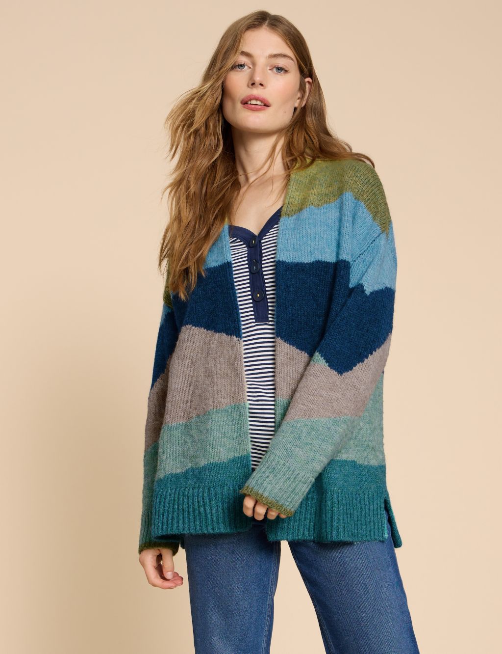 Colour Block Wrap Cardigan with Wool