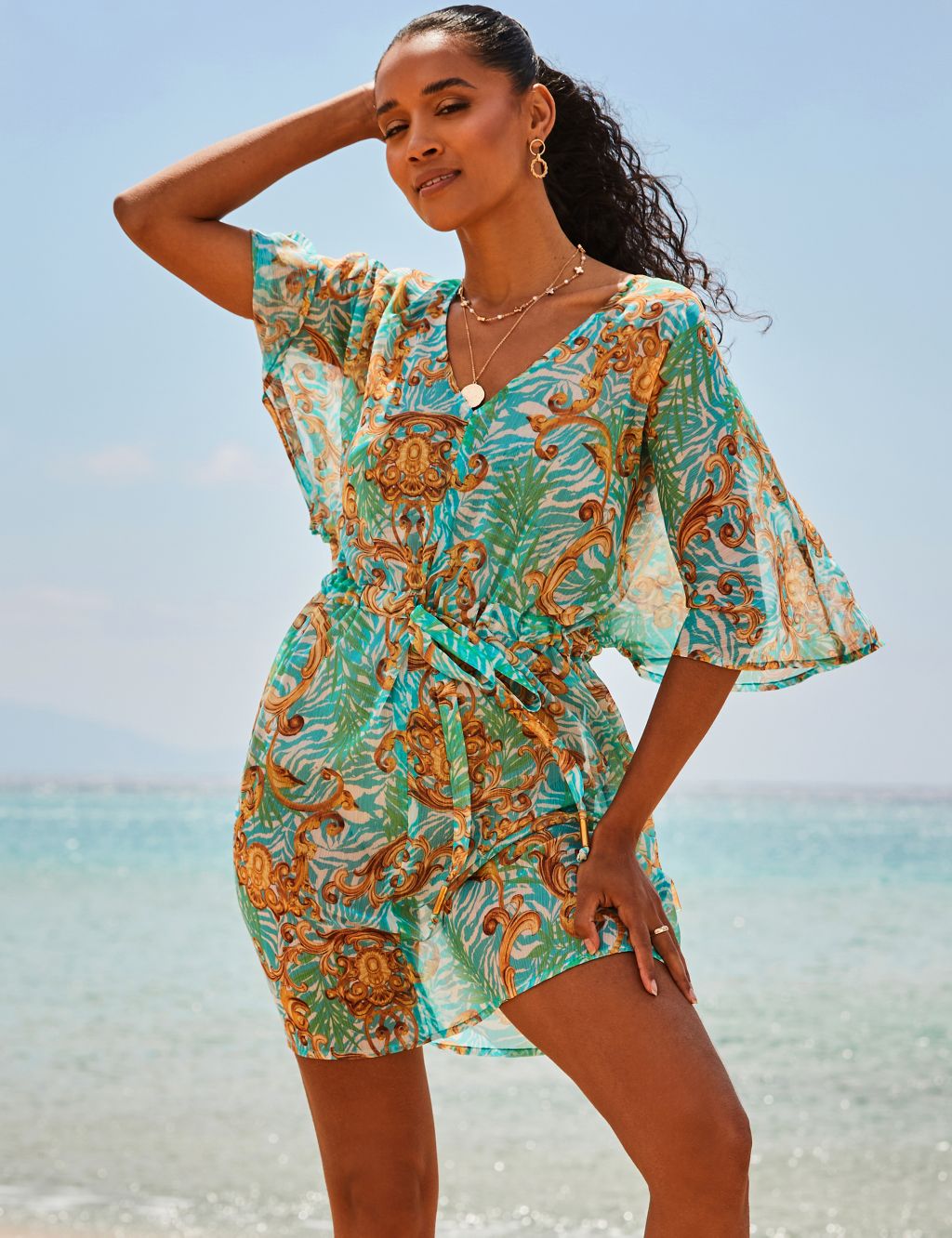 Printed V-Neck Mini Beach Dress
