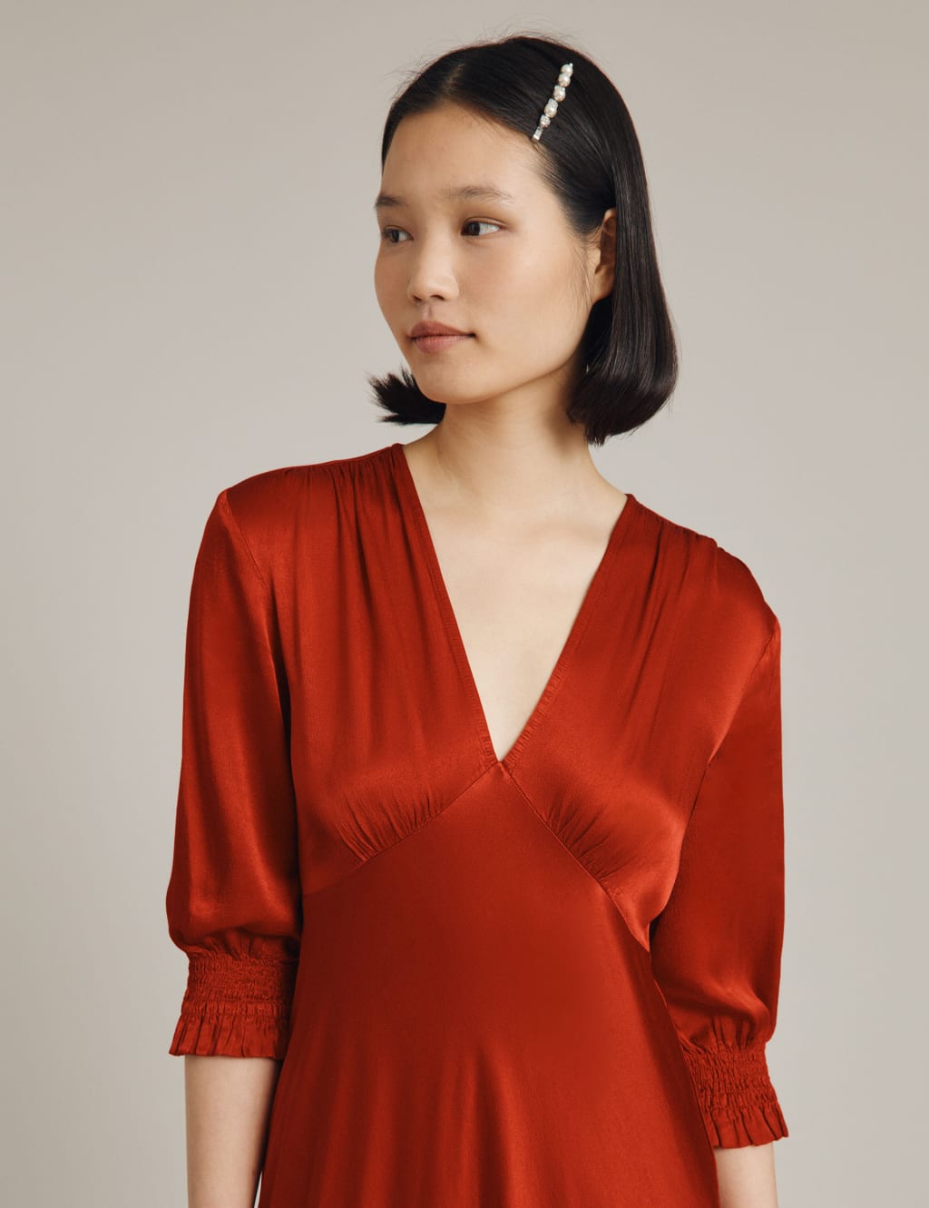 Satin V-Neck Empire Line Midi Tea Dress image 2