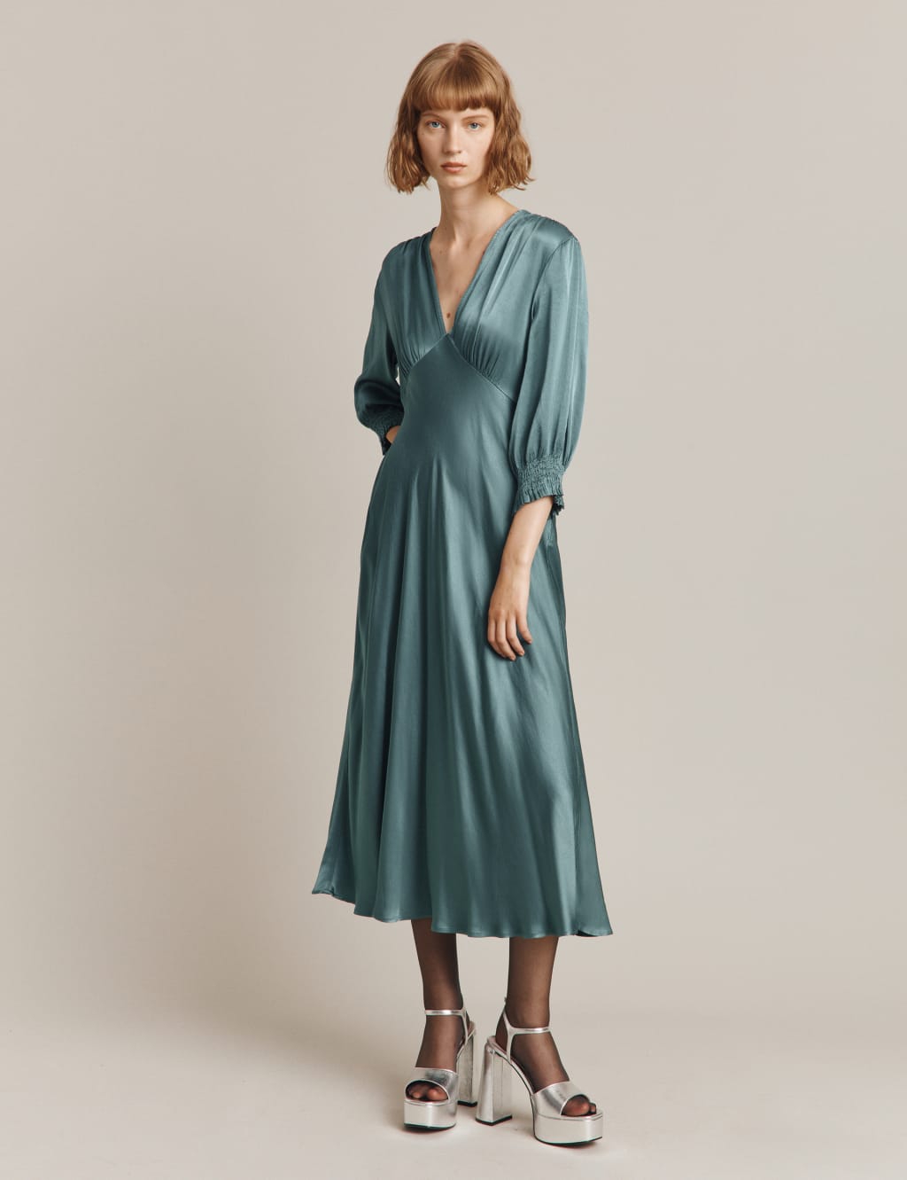 Satin V-Neck Empire Line Midi Tea Dress image 1