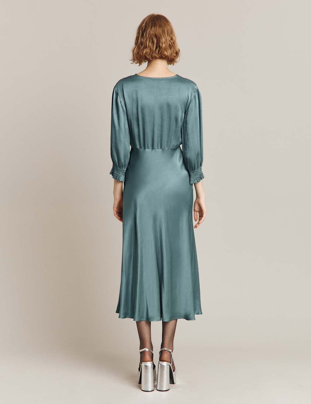 Satin V-Neck Empire Line Midi Tea Dress image 3