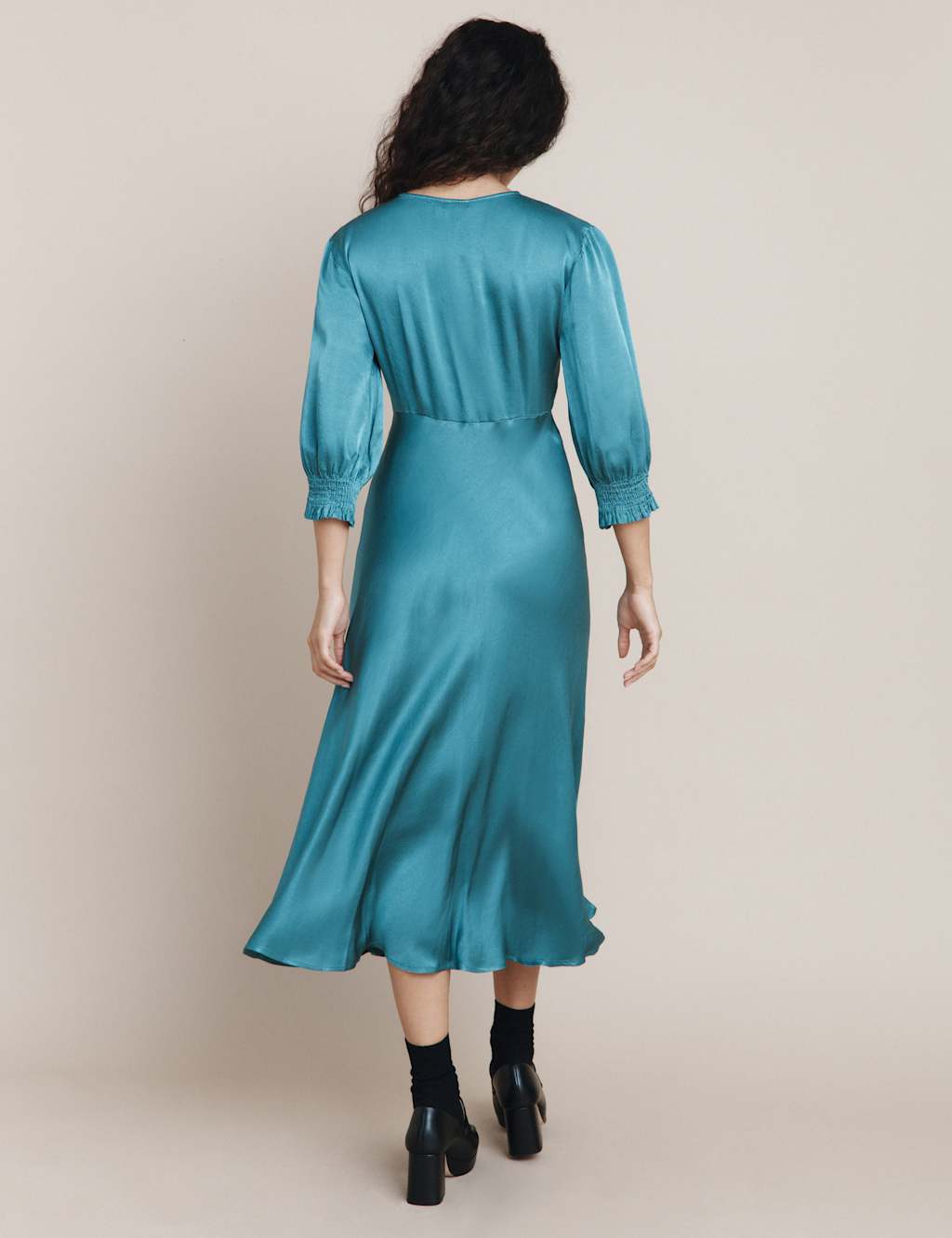 Satin V-Neck Empire Line Midi Tea Dress image 5