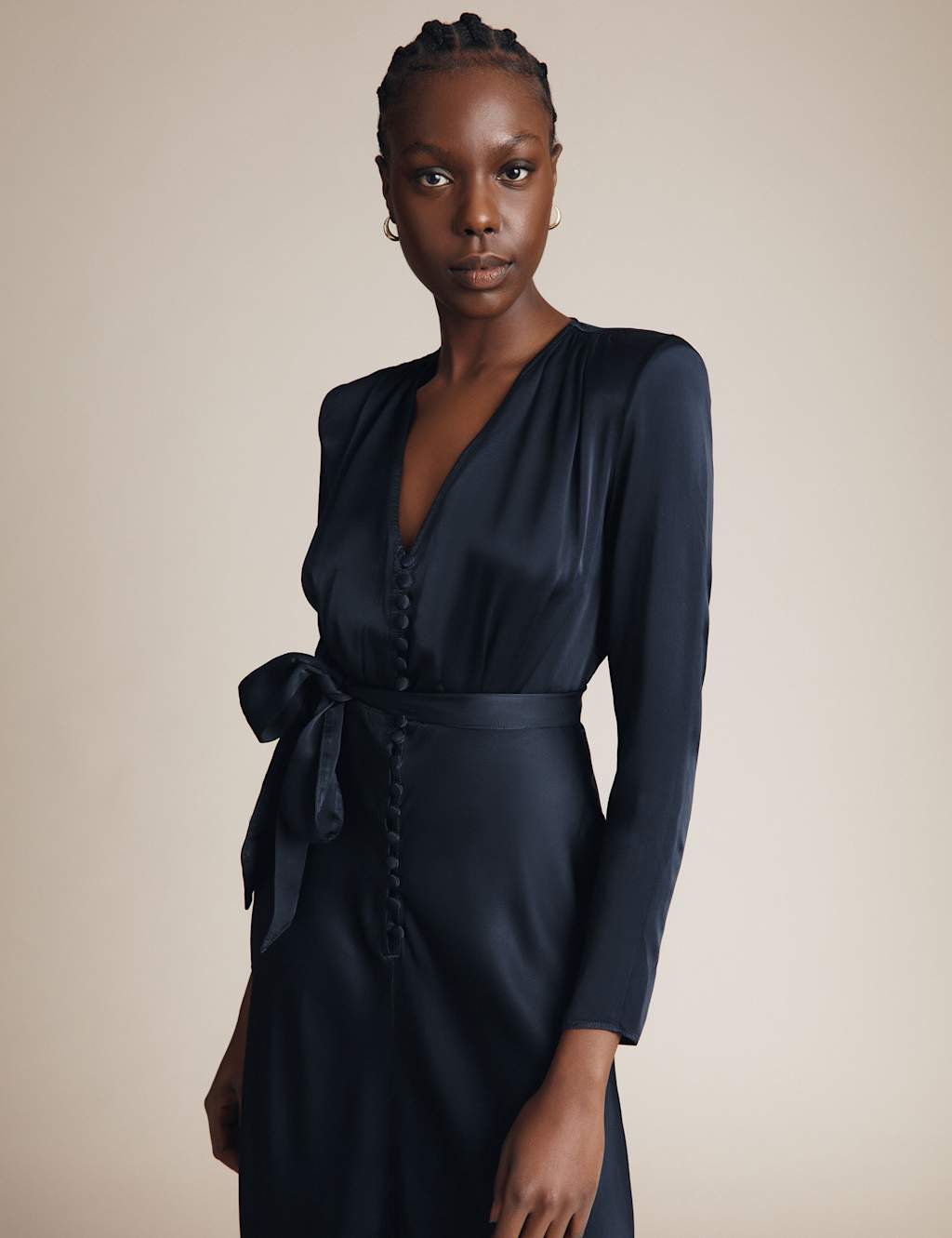 Satin V-Neck Midi Waisted Dress image 4