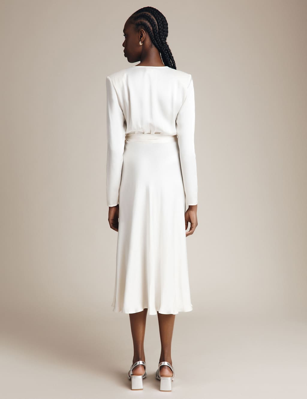 Satin V-Neck Midi Waisted Dress image 3