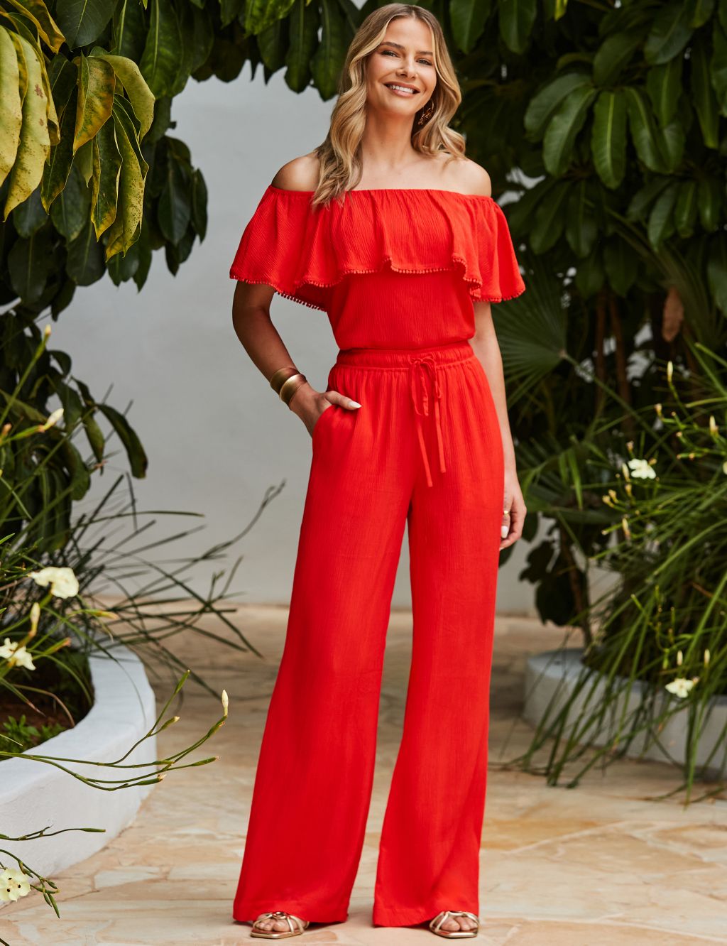 Textured Drawstring Wide Leg Trousers