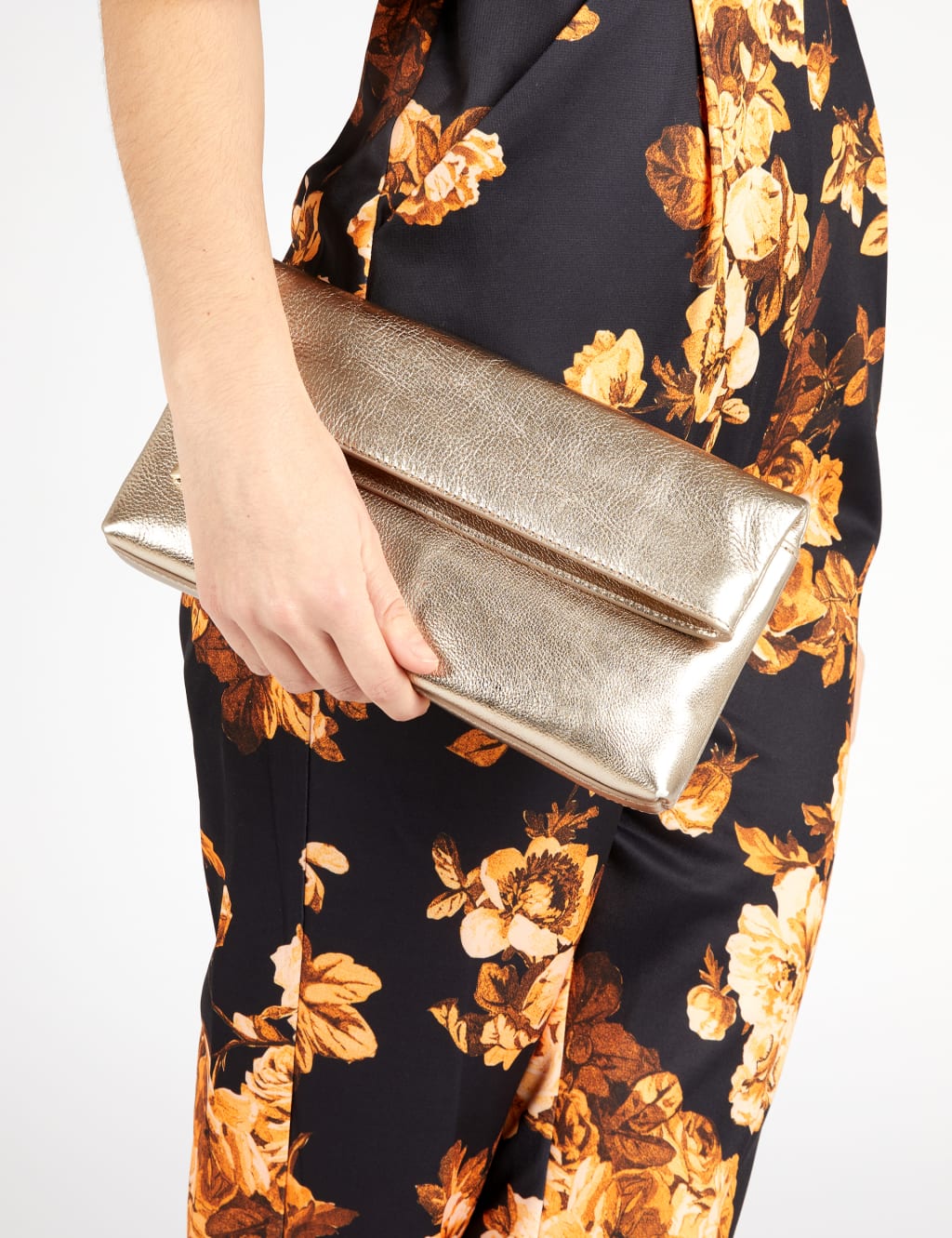 Leather Metallic Foldover Clutch Bag