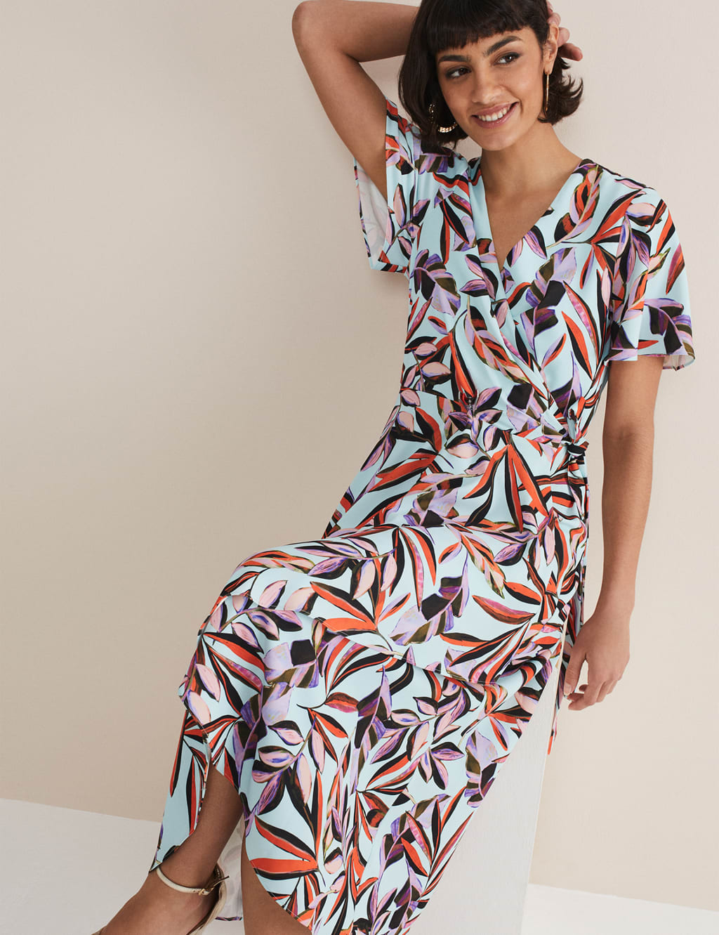 Floral V-Neck Tie Waist Midi Wrap Dress image 6
