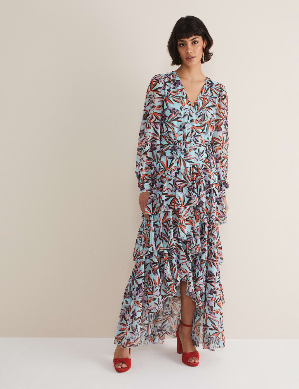Leaf Print V-Neck Maxi Tiered Dress image 1