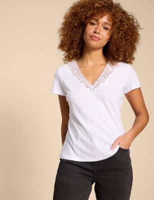 White Stuff Women's Linen Rich Lace Insert T-Shirt - 6, White,Black