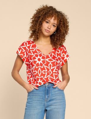 White Stuff Womens Pure Linen Printed T-Shirt - 8 - Red Mix, Red Mix