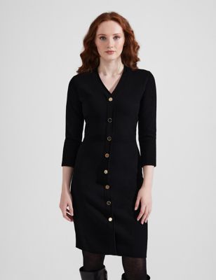 Hobbs Women's Knitted V-Neck Knee Length Shift Dress - 8 - Black, Black