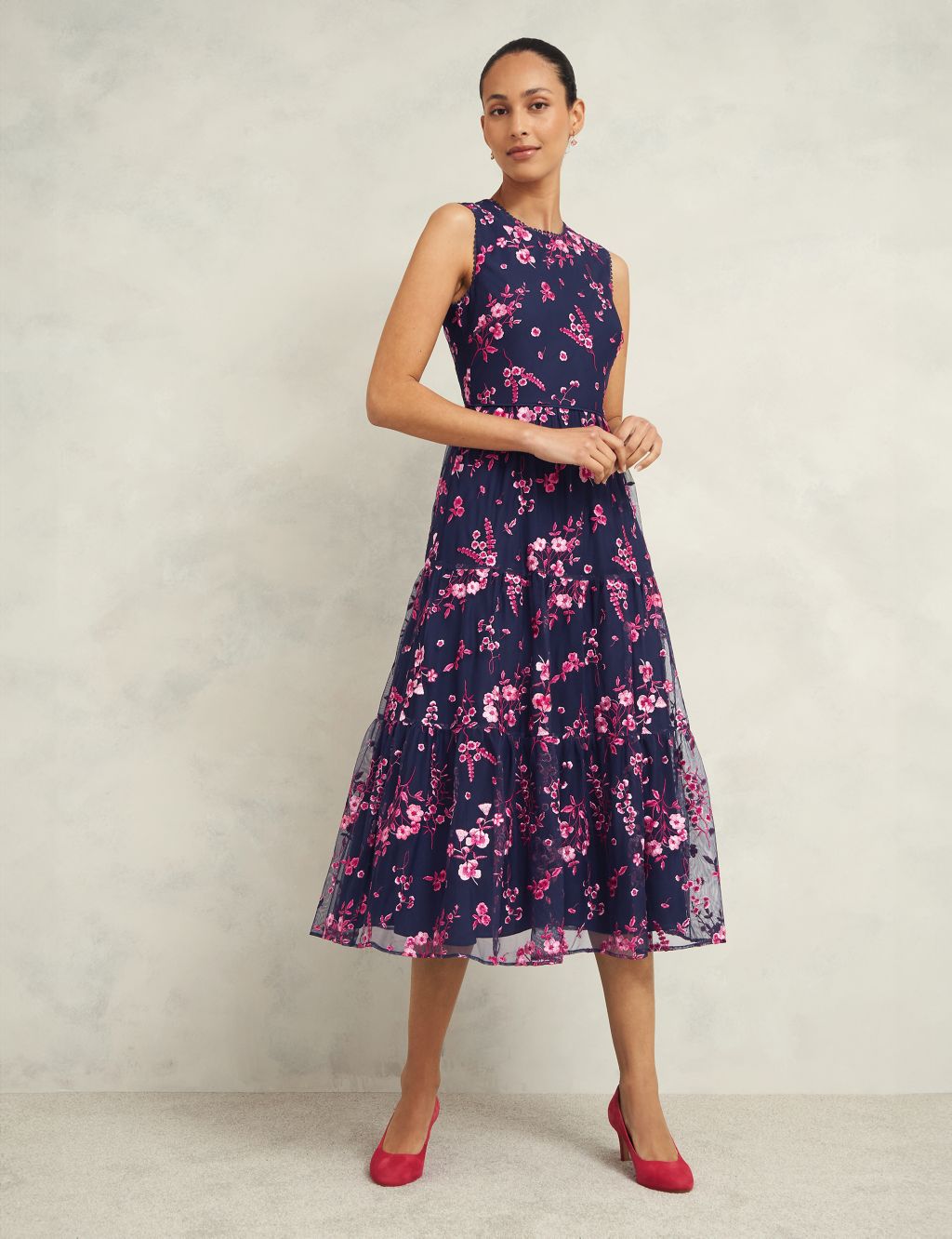 Floral Embroidered Midi Waisted Dress