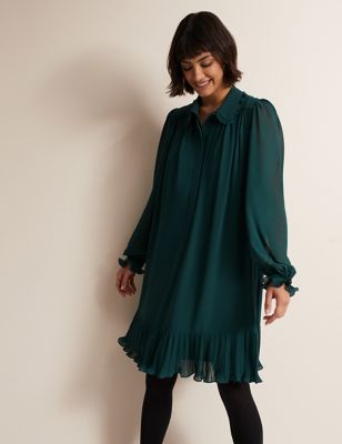 Phase Eight Womens Collared Blouson Sleeve Mini Swing Dress - 18 - Green, Green