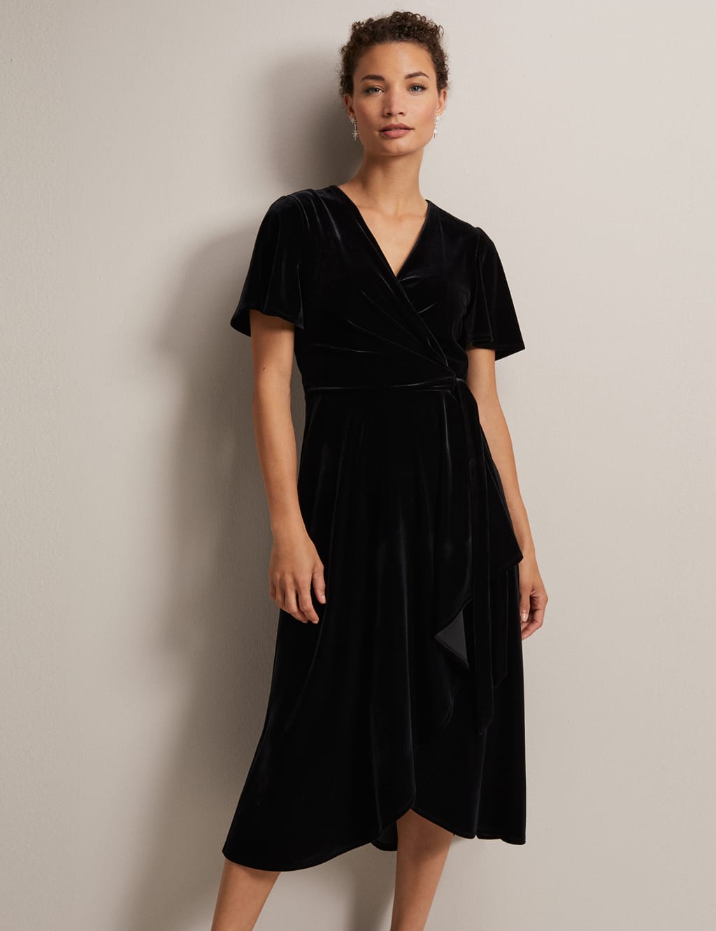 Velvet V-Neck Ruffle Midi Wrap Dress image 4