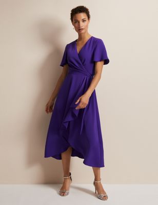Phase Eight Women's V-Neck Ruffle Tie Waist Midi Wrap Dress - 8 - Purple, Purple