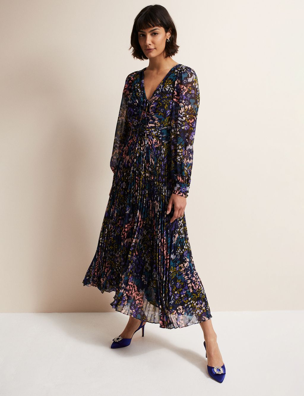 Floral V-Neck Pleated Midaxi Waisted Dress image 1
