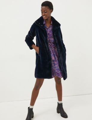 Fatface Womens Faux Fur Collared Longline Coat - 18 - Navy, Navy