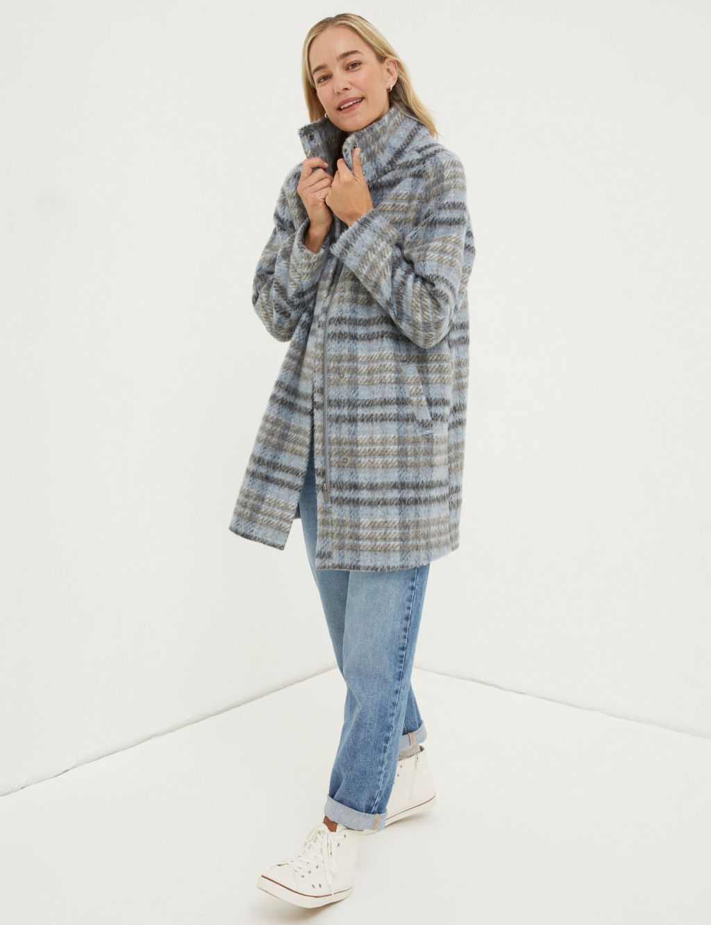 Wool Blend Checked Funnel Neck Coat image 1