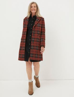 Fatface Womens Checked Collared Longline Coat with Wool - 8, Red