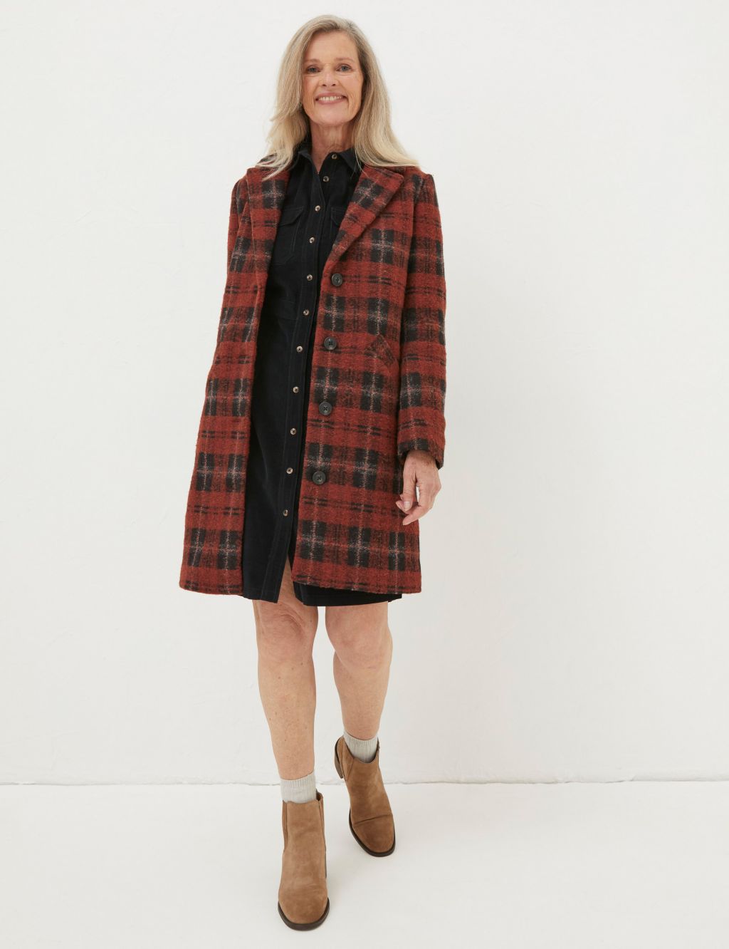 Checked Collared Longline Coat with Wool