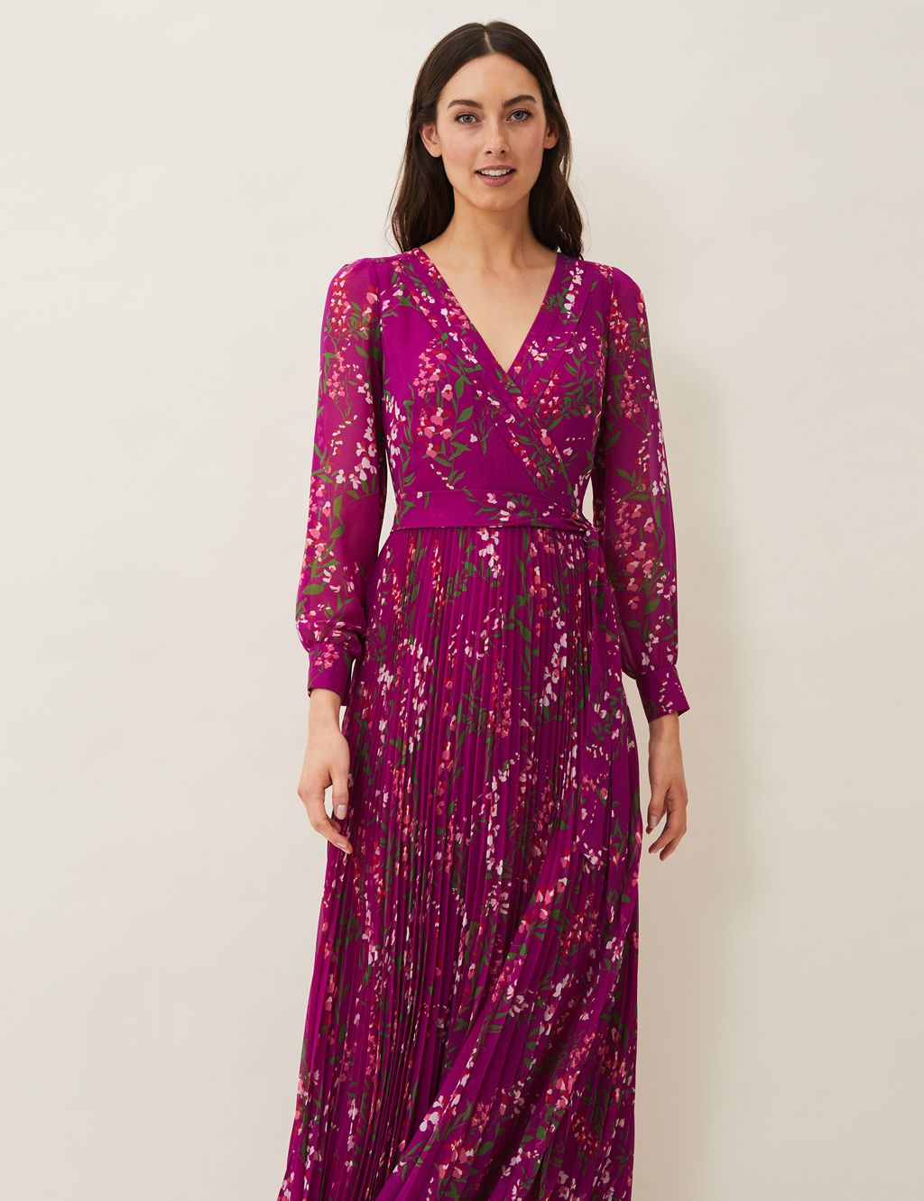 Floral V-Neck Pleated Maxi Waisted Dress image 3