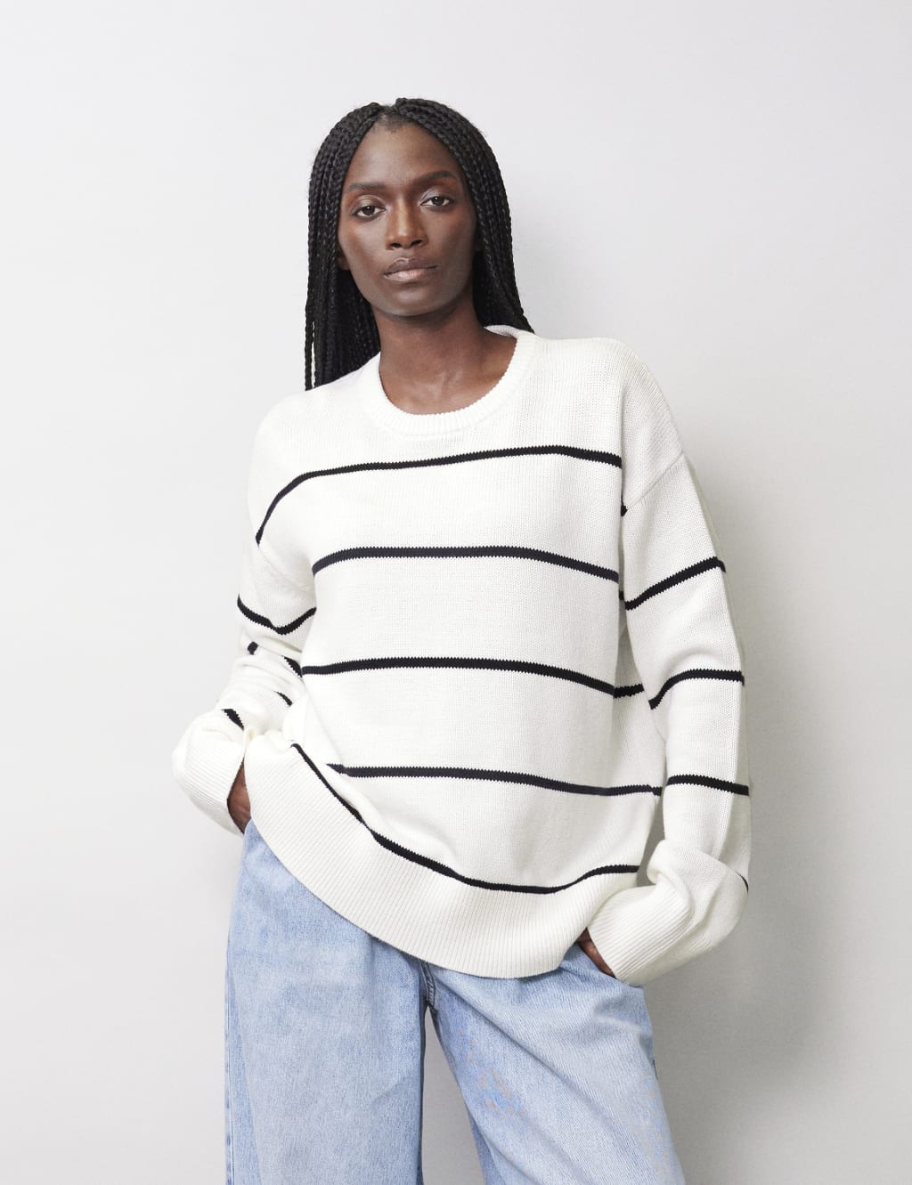 Pure Cotton Striped Crew Neck Jumper