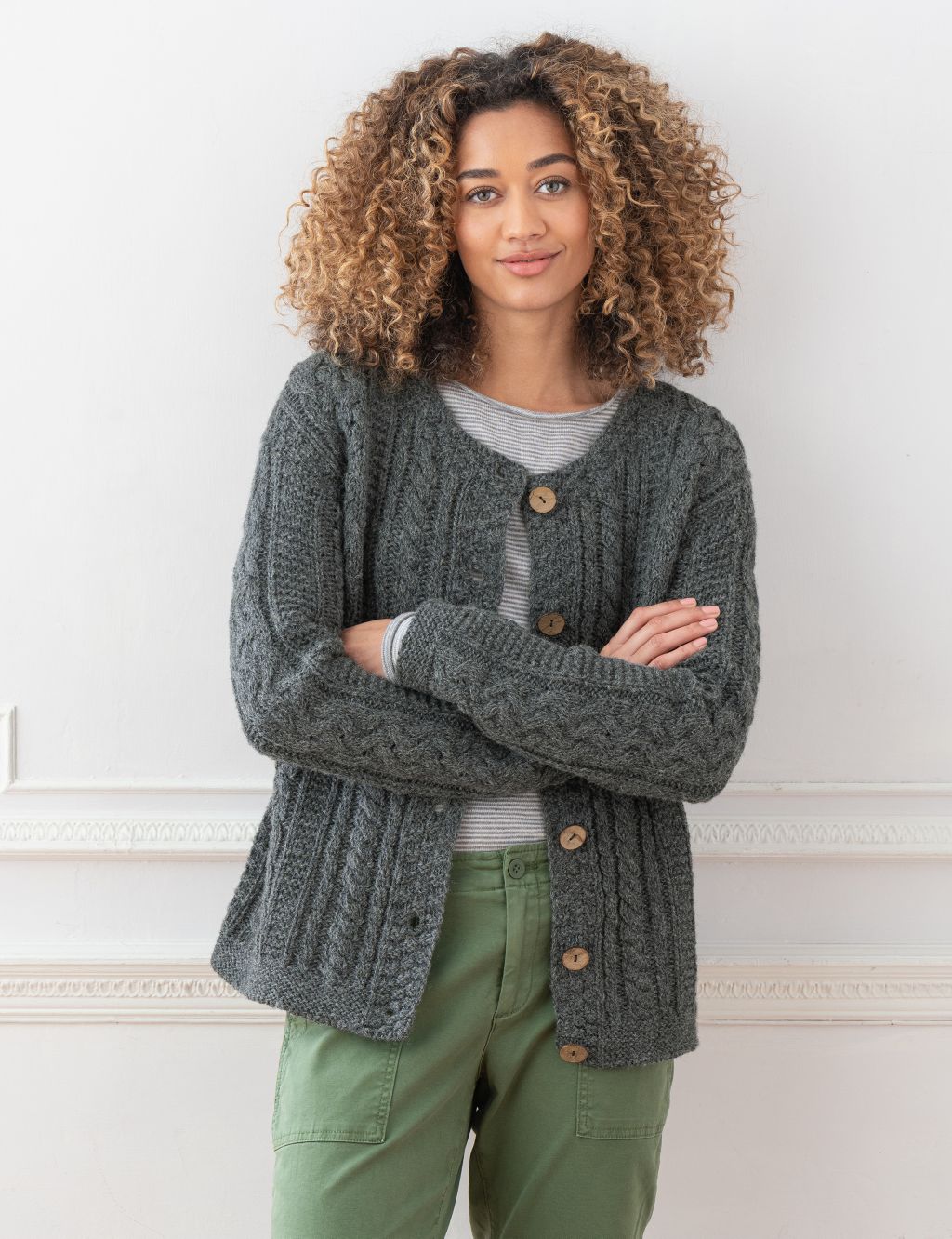 Pure Wool Cable Knit Crew Neck Cardigan image 1