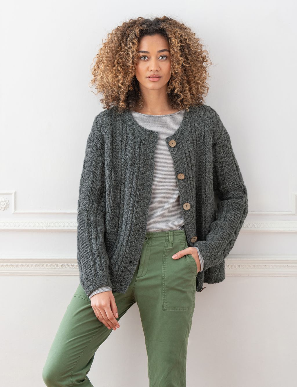 Pure Wool Cable Knit Crew Neck Cardigan image 2