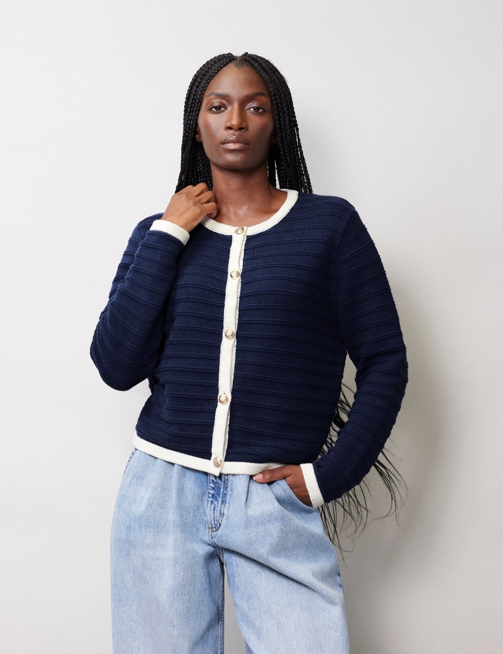 Navy blue knitted cardigan deals