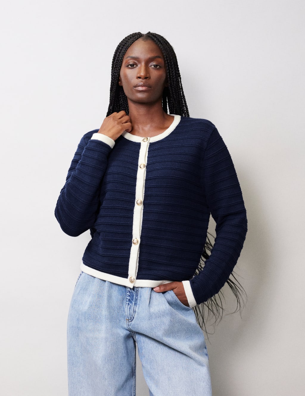 Pure Cotton Crew Neck Button Front Cardigan