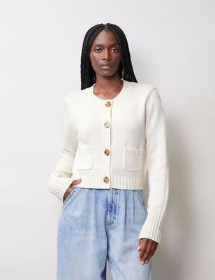 Albaray Womens Pure Cotton Crew Neck Button Front Cardigan - 8 - Cream, Cream,Navy