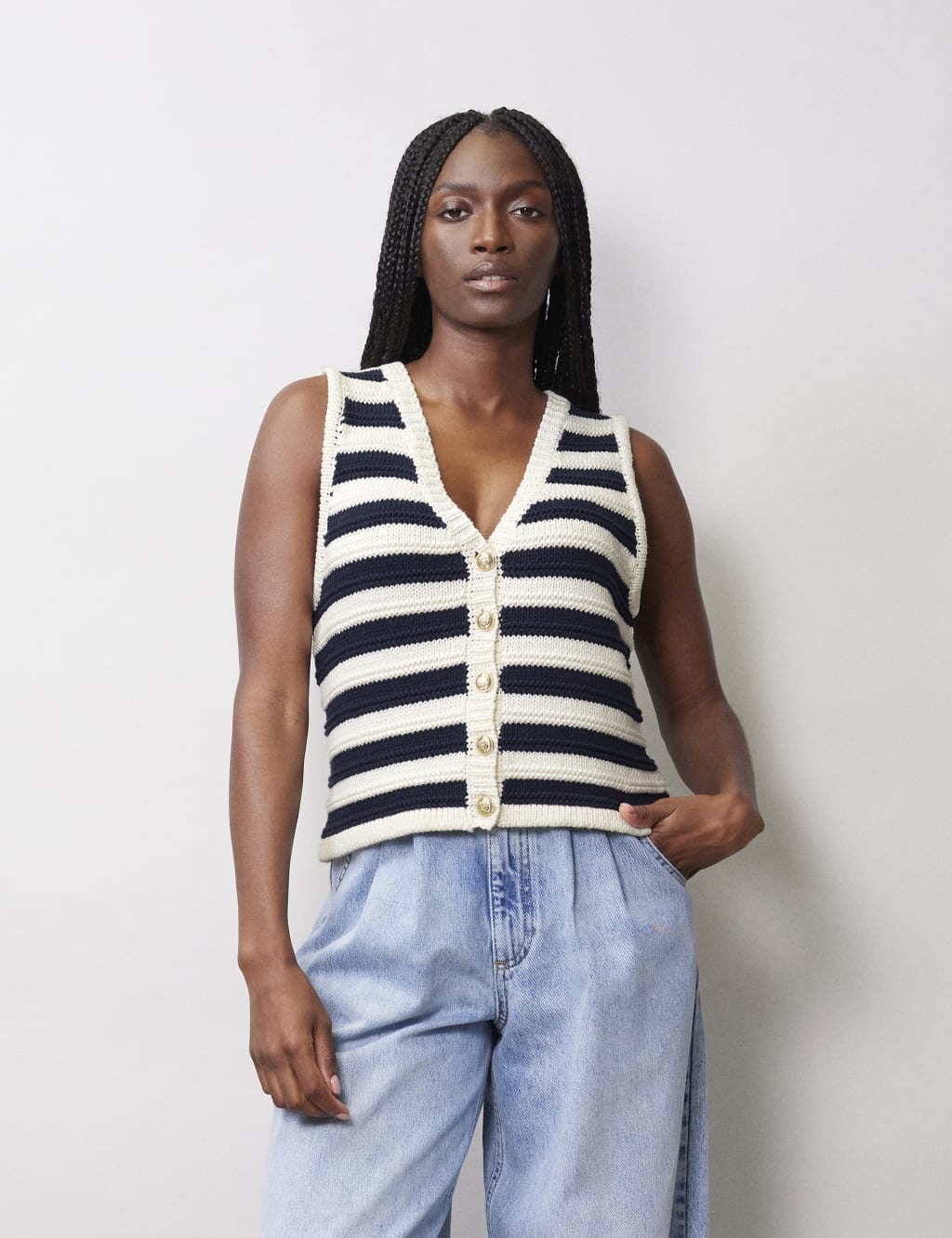 STRIPED BUTTON THRU SLEEVELESS CARDIGAN