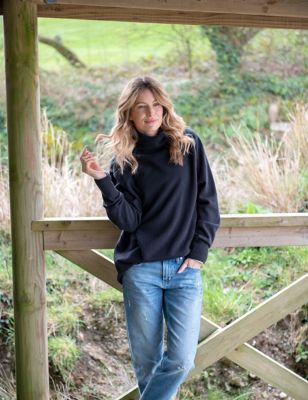 Celtic & Co. Womens Pure Wool Roll Neck Relaxed Longline Jumper - S - Navy, Navy