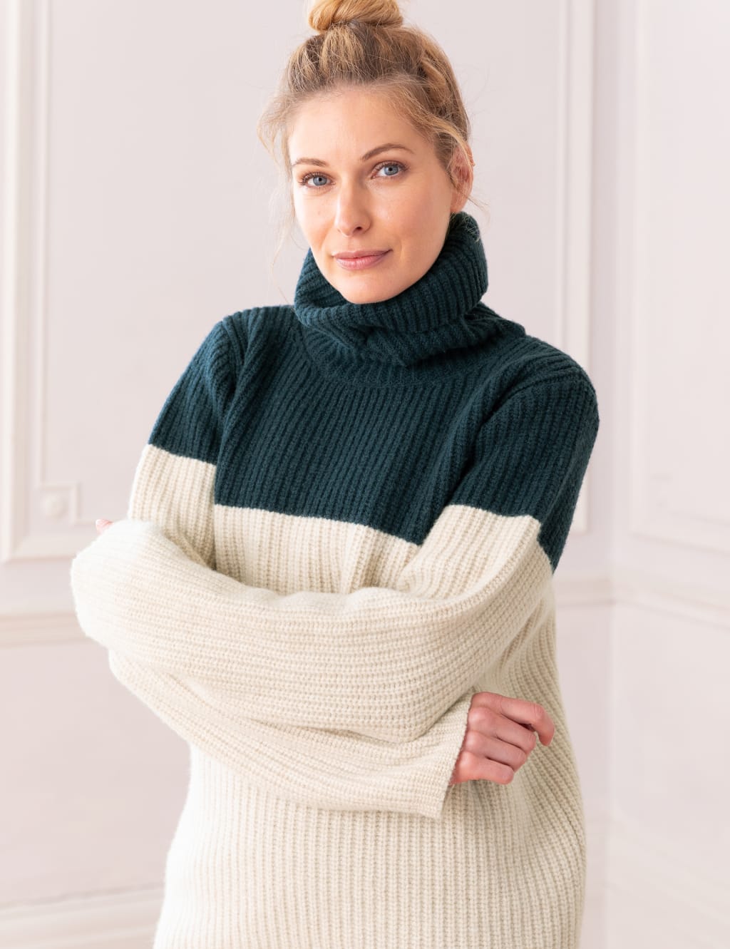 Pure Wool Colour Block Funnel Neck Jumper image 2