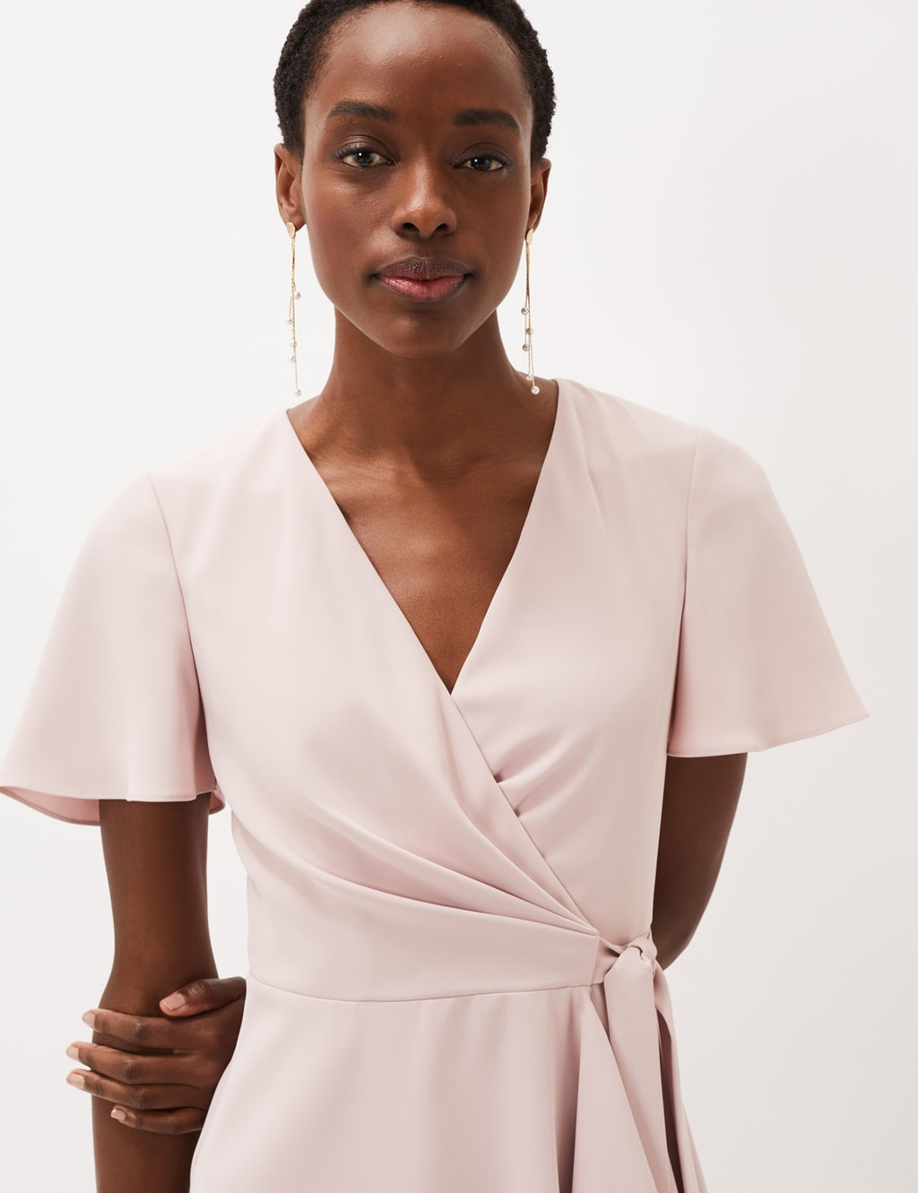 V-Neck Angel Sleeve Midi Wrap Dress image 3