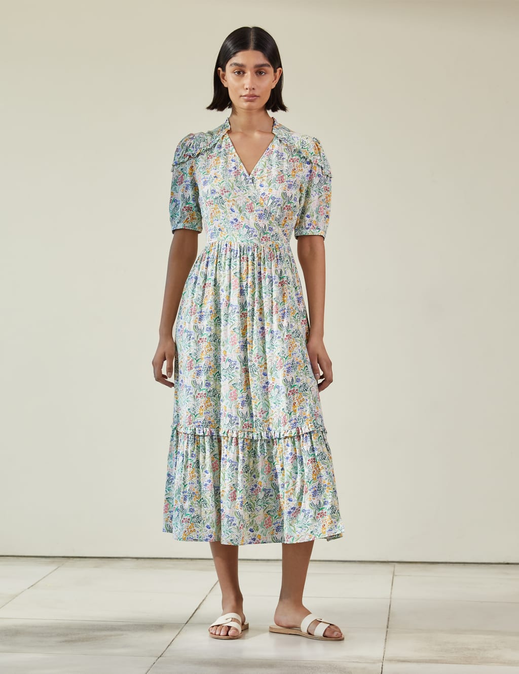 Floral V-Neck Midi Tiered Wrap Dress image 4