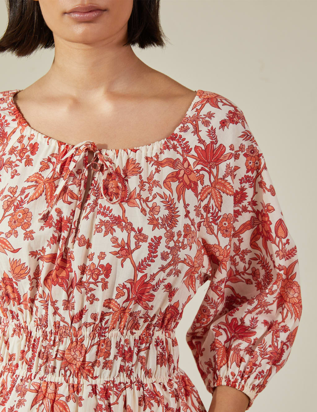 Organic Cotton Floral Tie Neck Midi Dress image 3