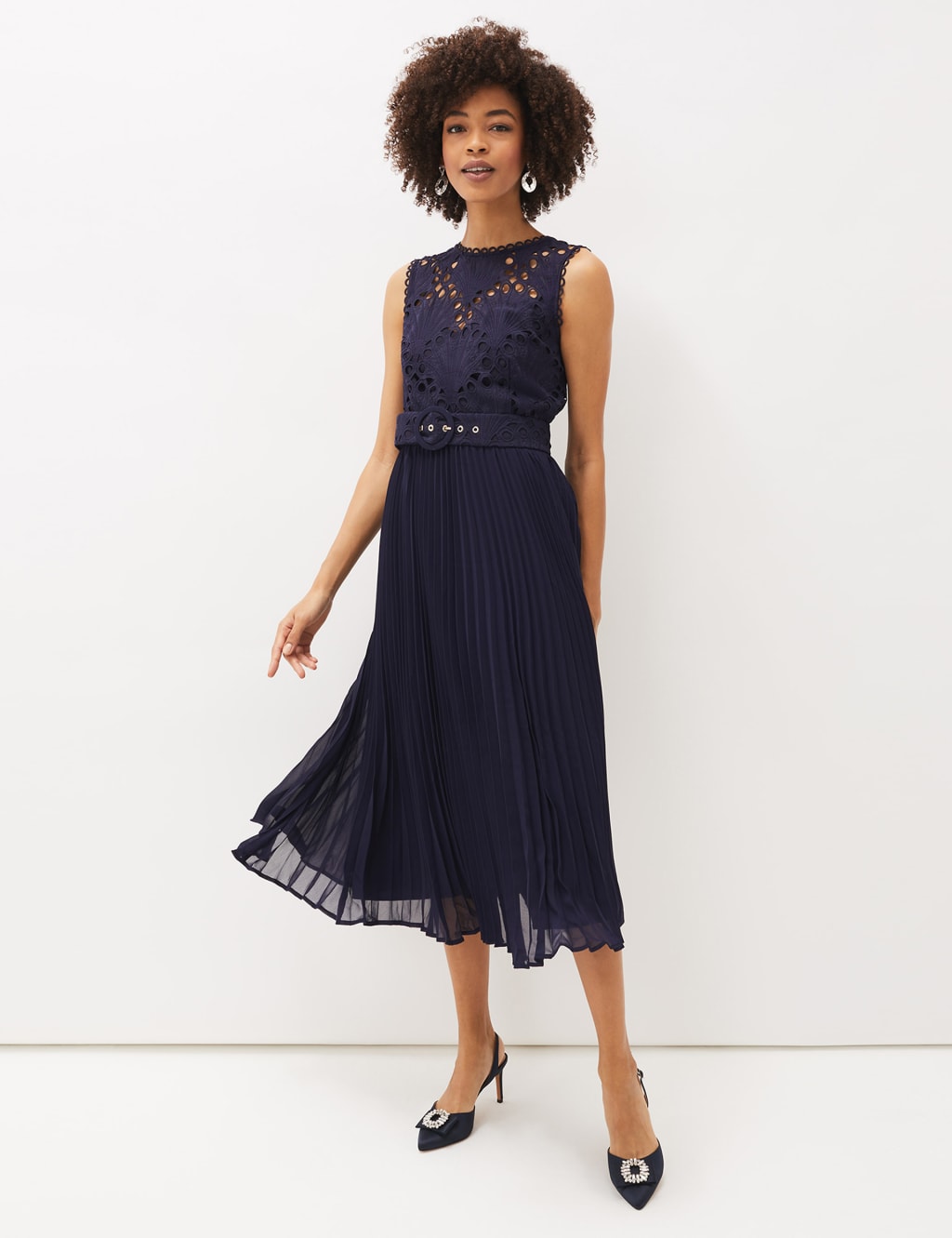 Lace Round Neck Pleated Midi Waisted Dress image 1