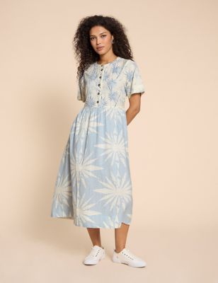 White Stuff Womens Linen Rich Floral Midi Waisted Dress - 10 - Blue Mix, Blue Mix