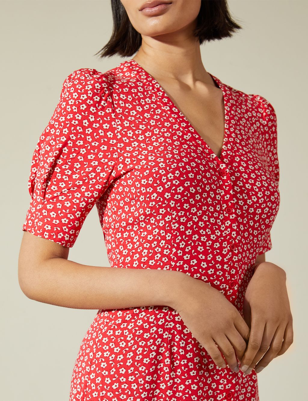 Floral V-Neck Button Through Midi Tea Dress image 4