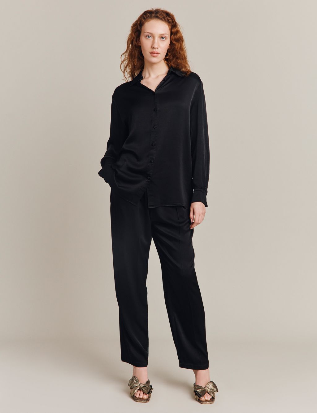 Satin Pleat Front Tapered Trousers image 1