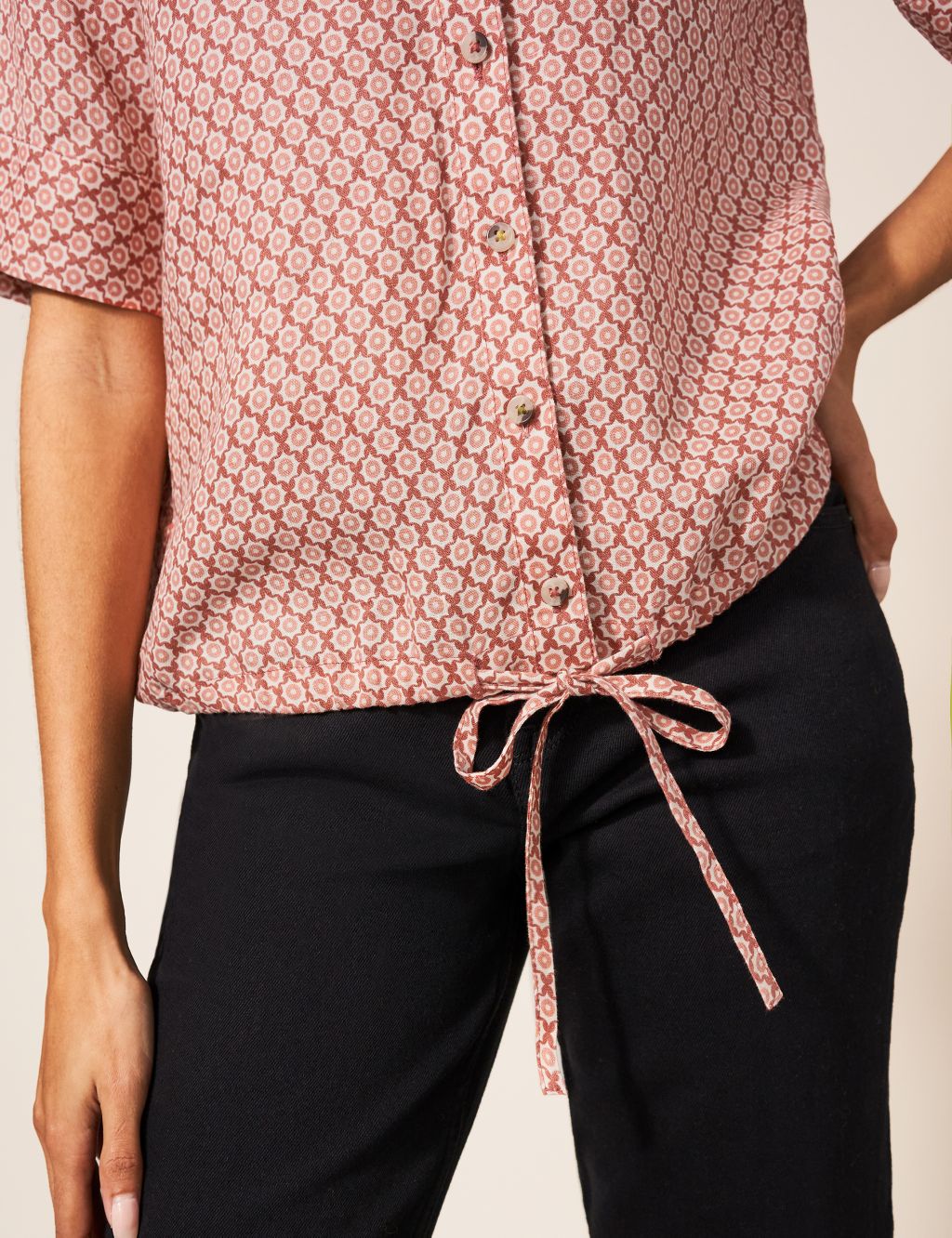 Pure Linen Geometric Tie Front Shirt image 5