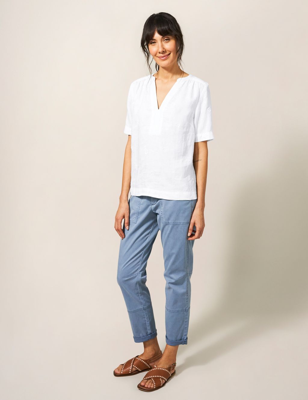 Pure Linen Embroidered V-Neck Blouse image 1