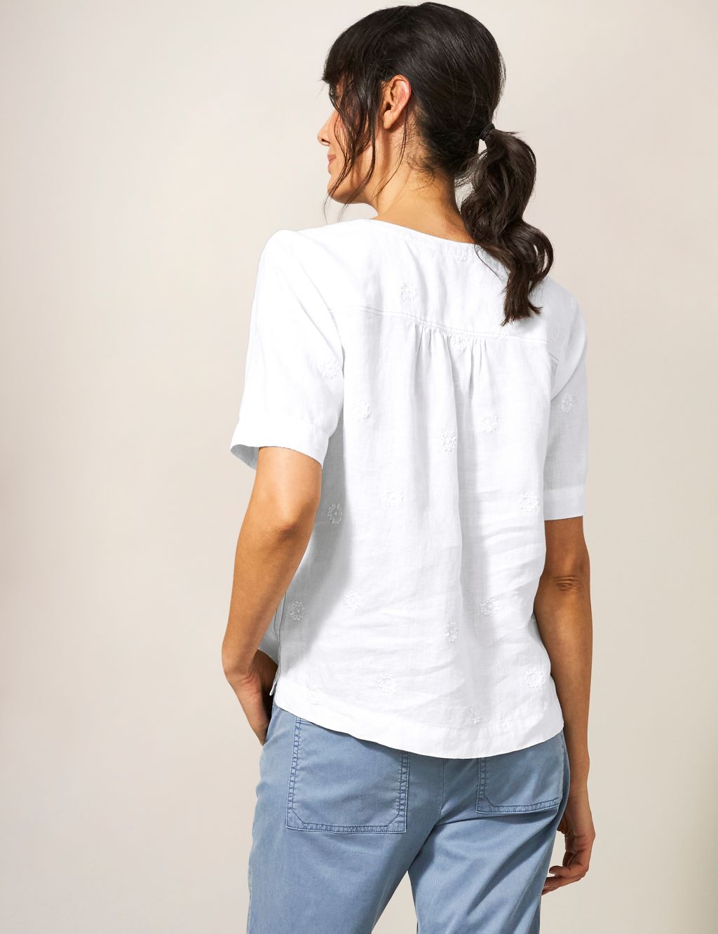 Pure Linen Embroidered V-Neck Blouse image 2
