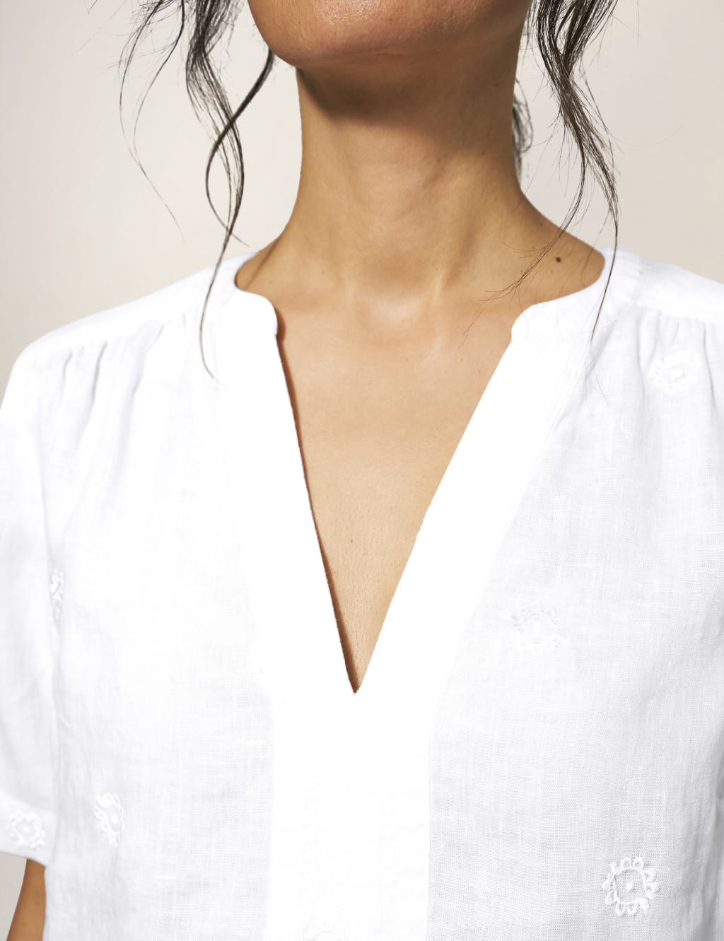 Pure Linen Embroidered V-Neck Blouse image 4
