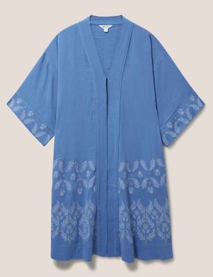 White Stuff Womens Pure Cotton Floral Embroidered Kaftan - Blue, Blue